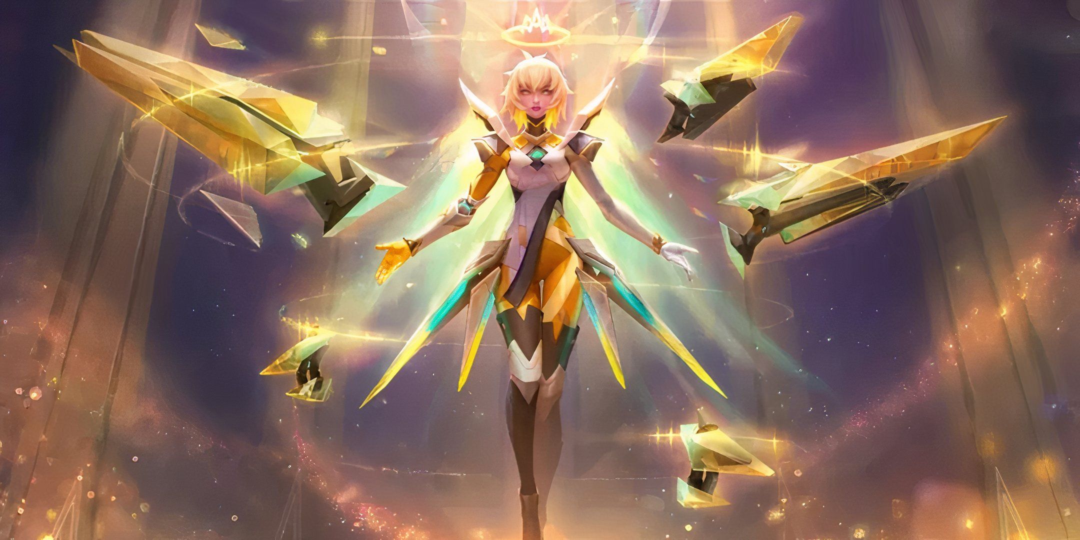 Beatrix in her Stellar Brilliance skin glowing and rising into the air floating her guns in Mobile Legends.