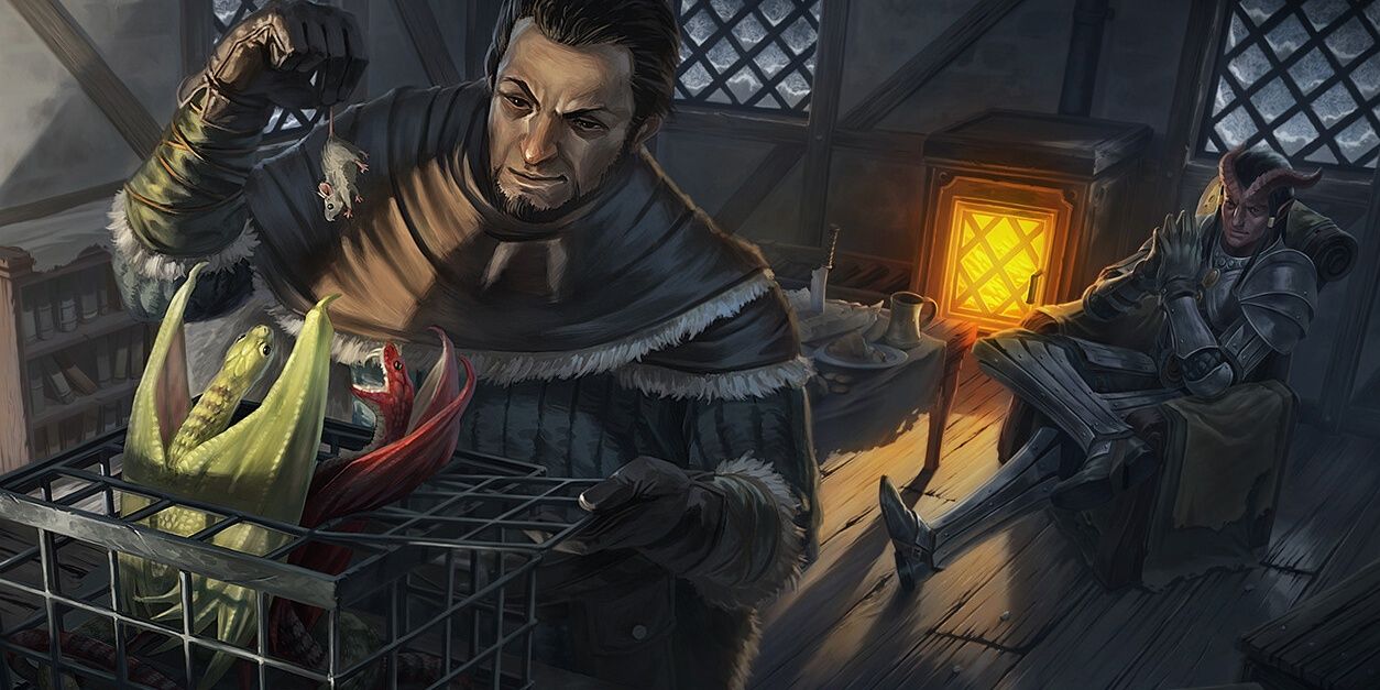 Dungeons & Dragons image showing how a human feeds mouse to drake hatchlings while tiefling watches next to fire.