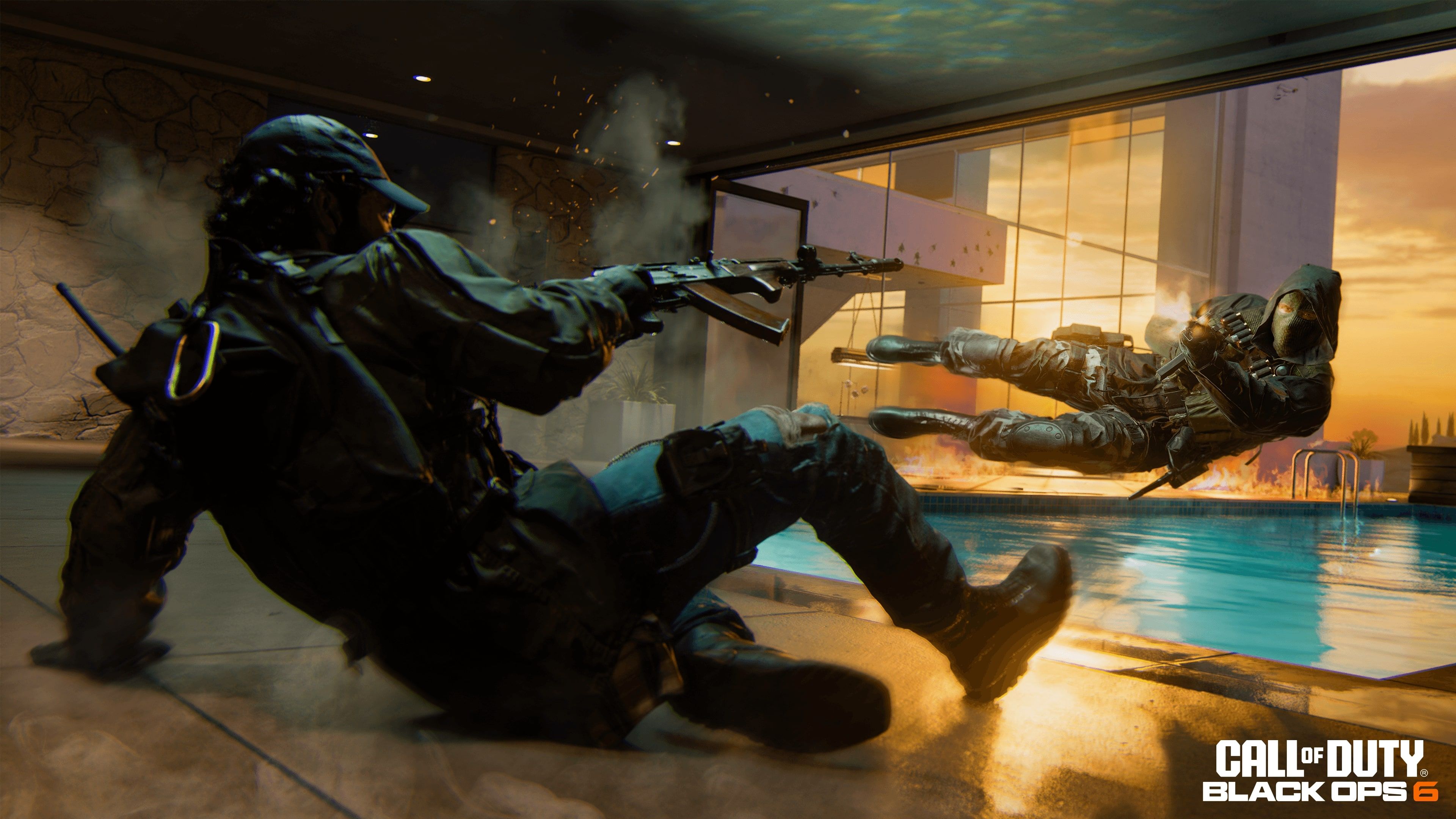 An operator demonstrates omnimovement by diving into a pool while exchanging fire with an enemy in Call of Duty Black Ops 6.