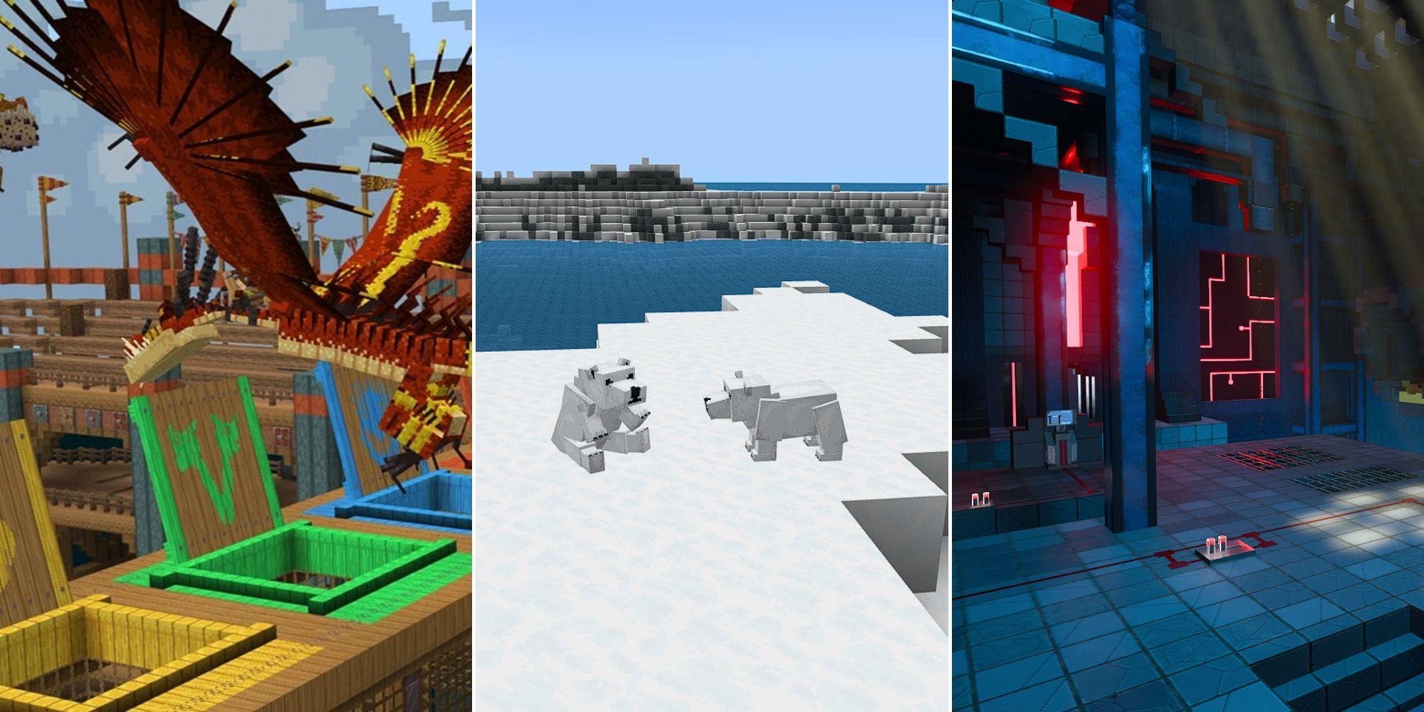 Three images of minecraft maps including A Dragon Flying In Train My Dragon - Polar Bear Cubs Playing In Frozen Planet 2 - A Puzzle In The Redstone Temple  