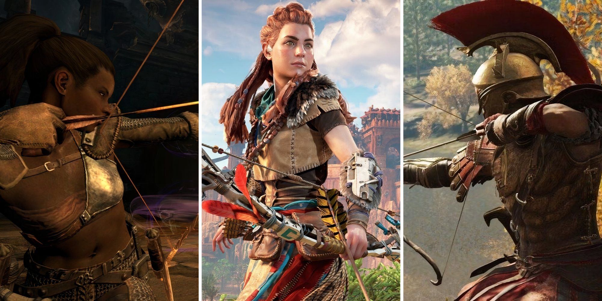 A grid showing the Rangers in the games Dragon's Dogma: Dark Arisen, Horizon: Zero Dawn, and Assassin's Creed: Odyssey