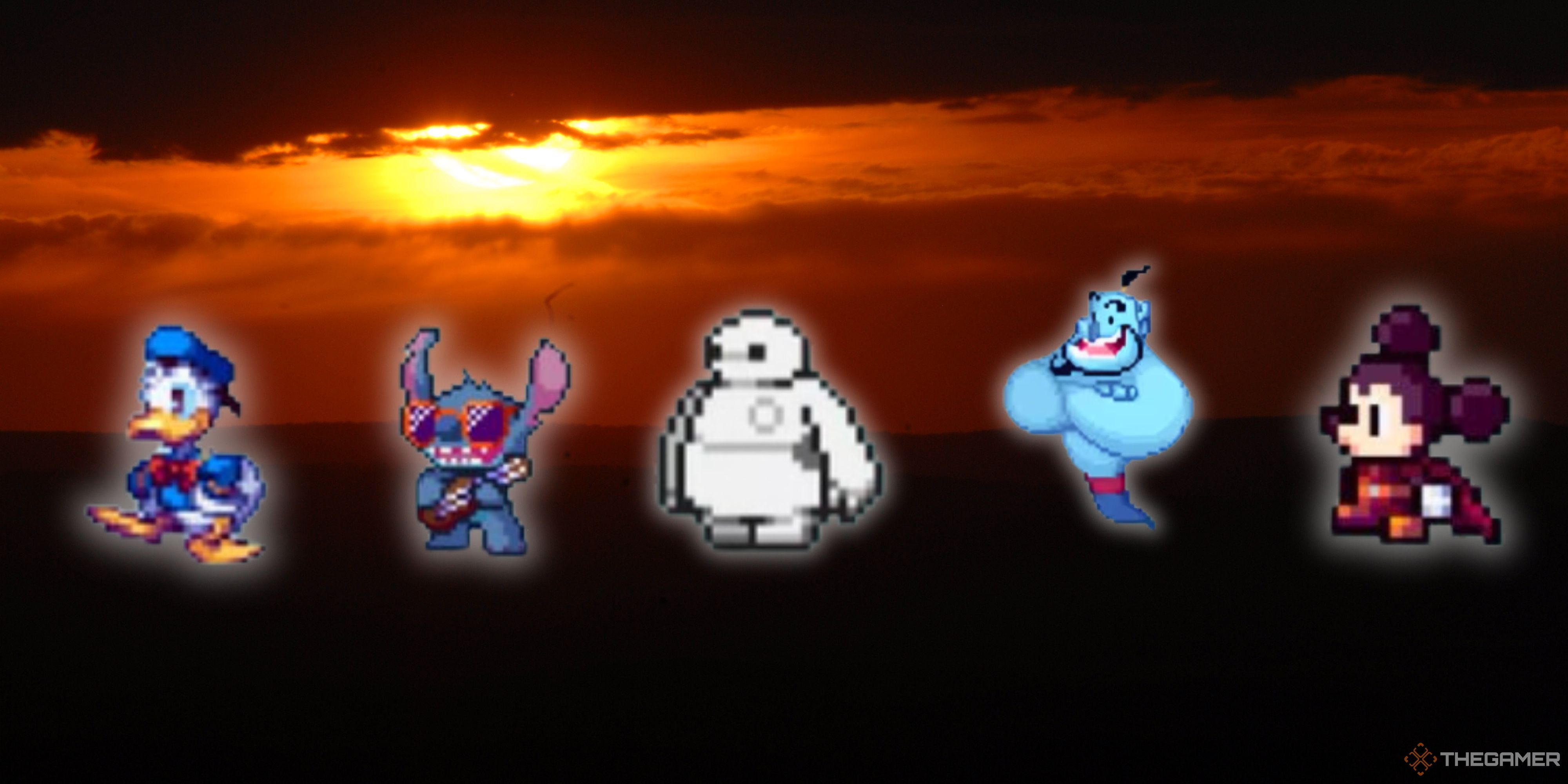 Donald Duck, Stitch, Baymax, Genie, and Mickey are lined up against a sunset.