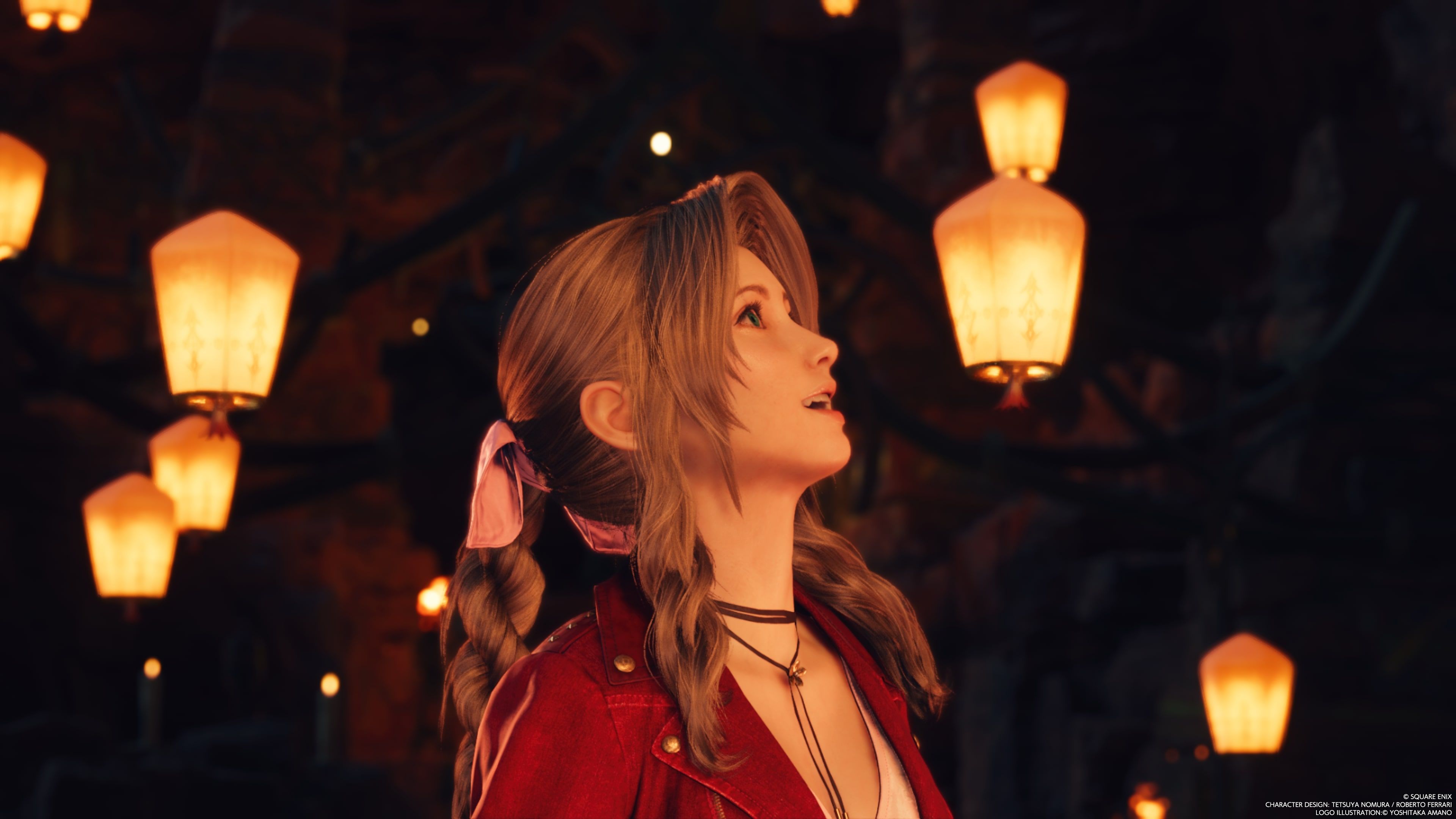 FINAL FANTASY VII REBIRTH Aerith smiling at the lanterns in Cosmo Canyon