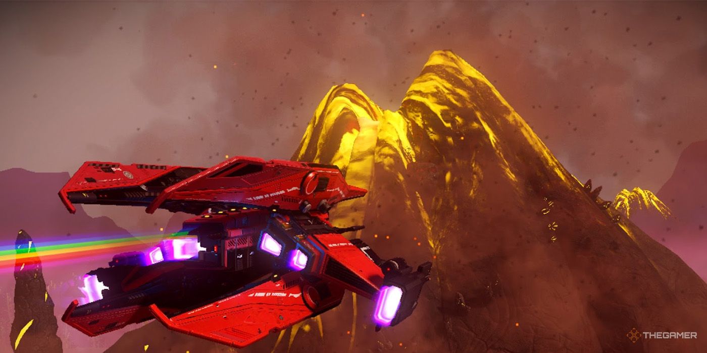 A red Interceptor ship flies towards a volcano in No Man's Sky.