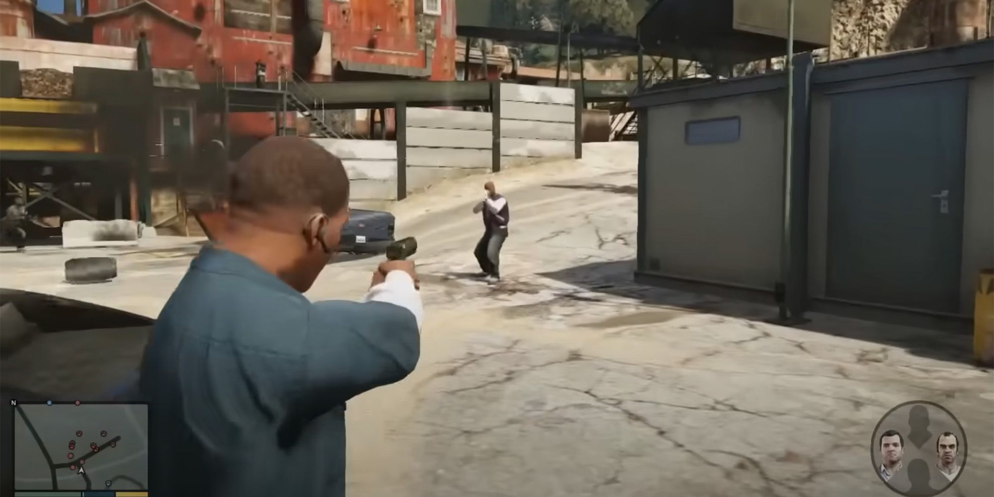 Franklin Clinton shooting an enemy in Grand Theft Auto 5.