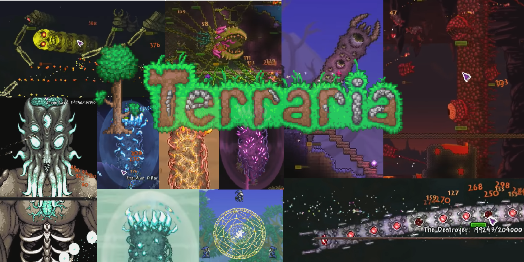 A collage of all Terraria main bosses required to beat the game