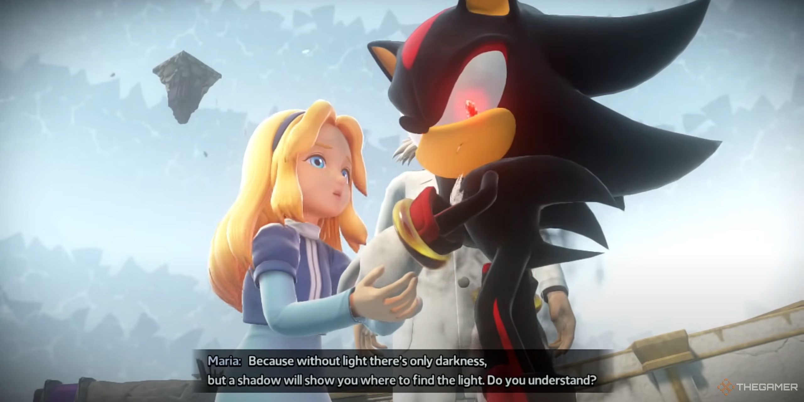 Maria from Sonic X Shadow Generations telling Shadow, "Without light, there's only darkness, but a shadow will help you find the light."