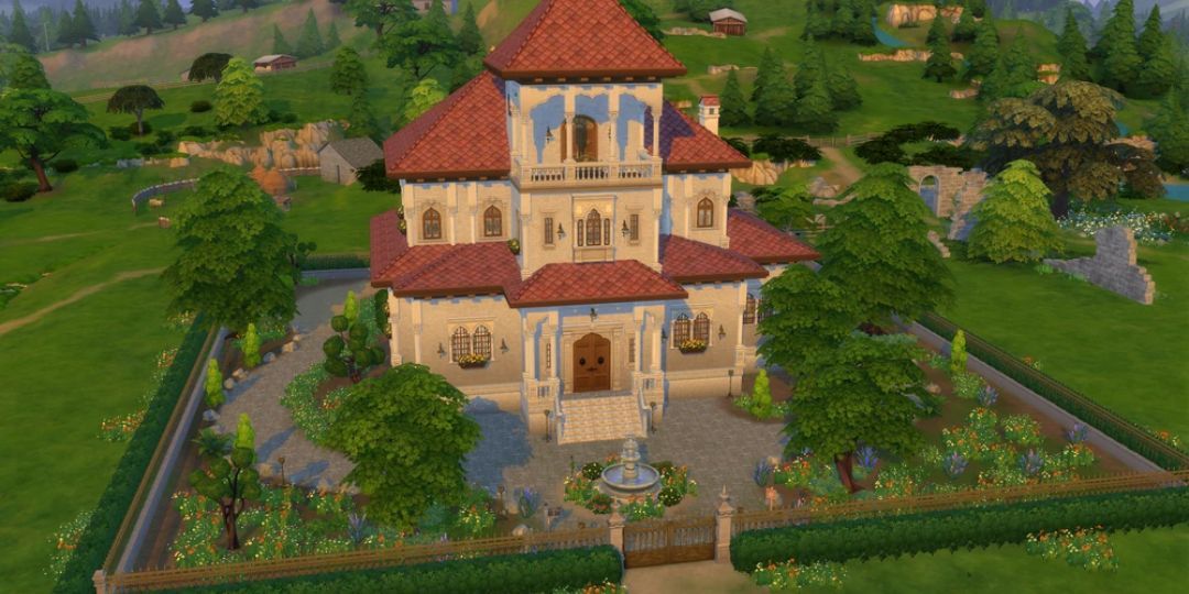 The Marigold Chateau from Ravenwood. It is a golden house surrounded by flowers.