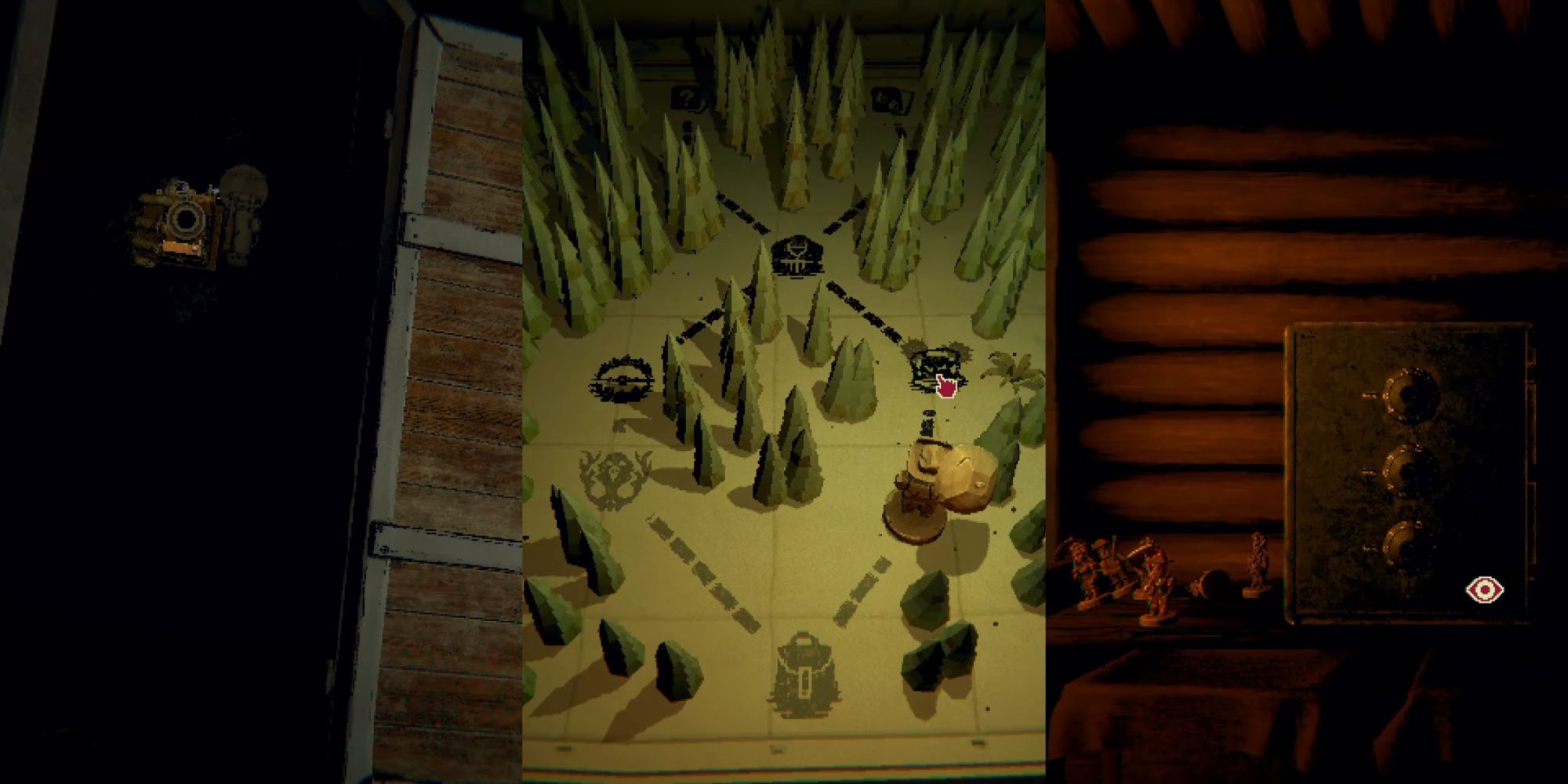 inscryption split image with the death scene for act 1, the act 1 map, and the safe in leshy's house