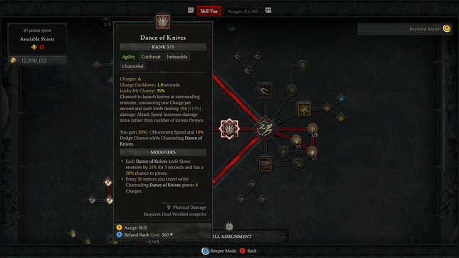 A screenshot shows the Dance of Knives ability in Diablo 4's skill tree.