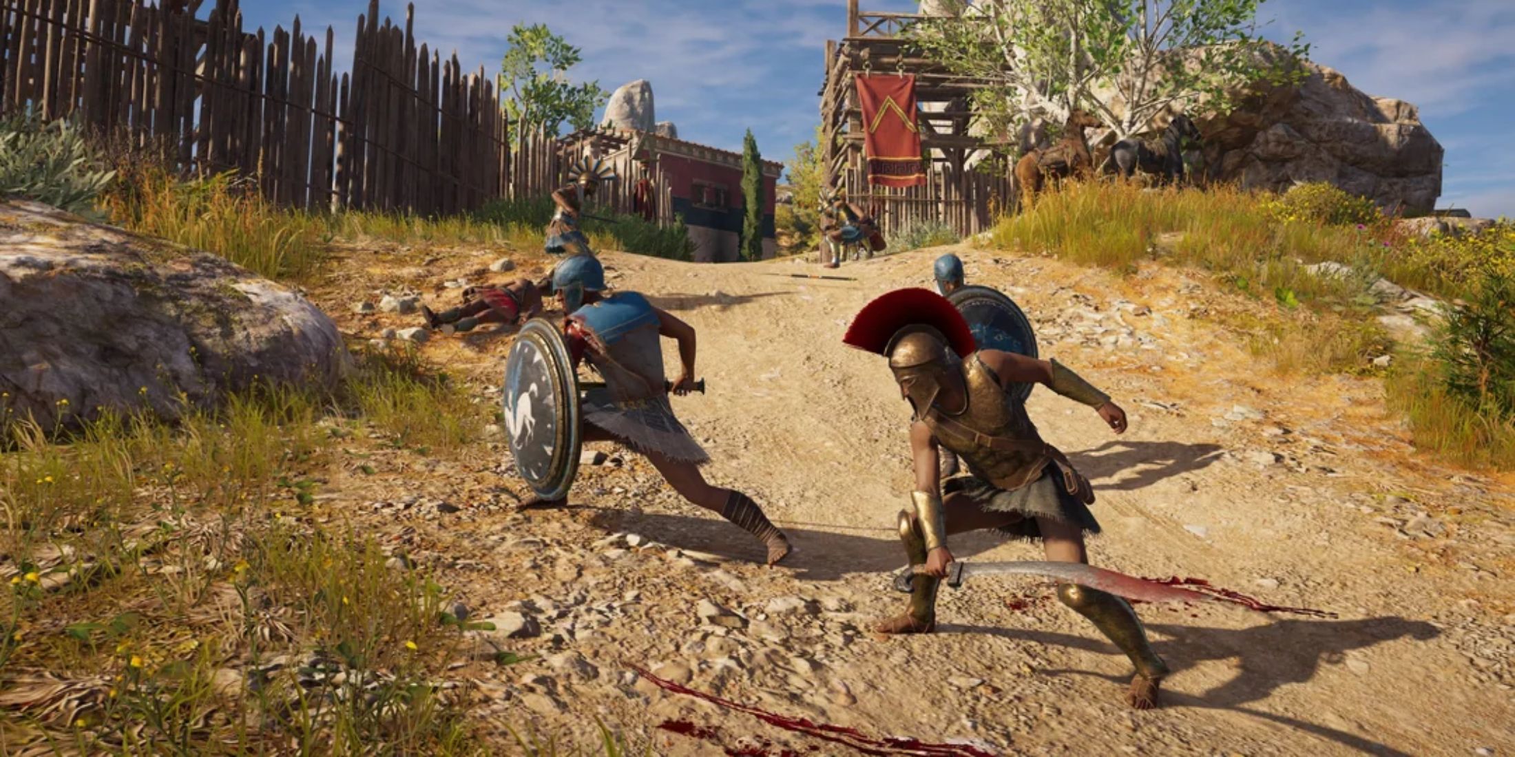 Two soldiers fighting outside a gang base in Assassin's Creed Odyssey