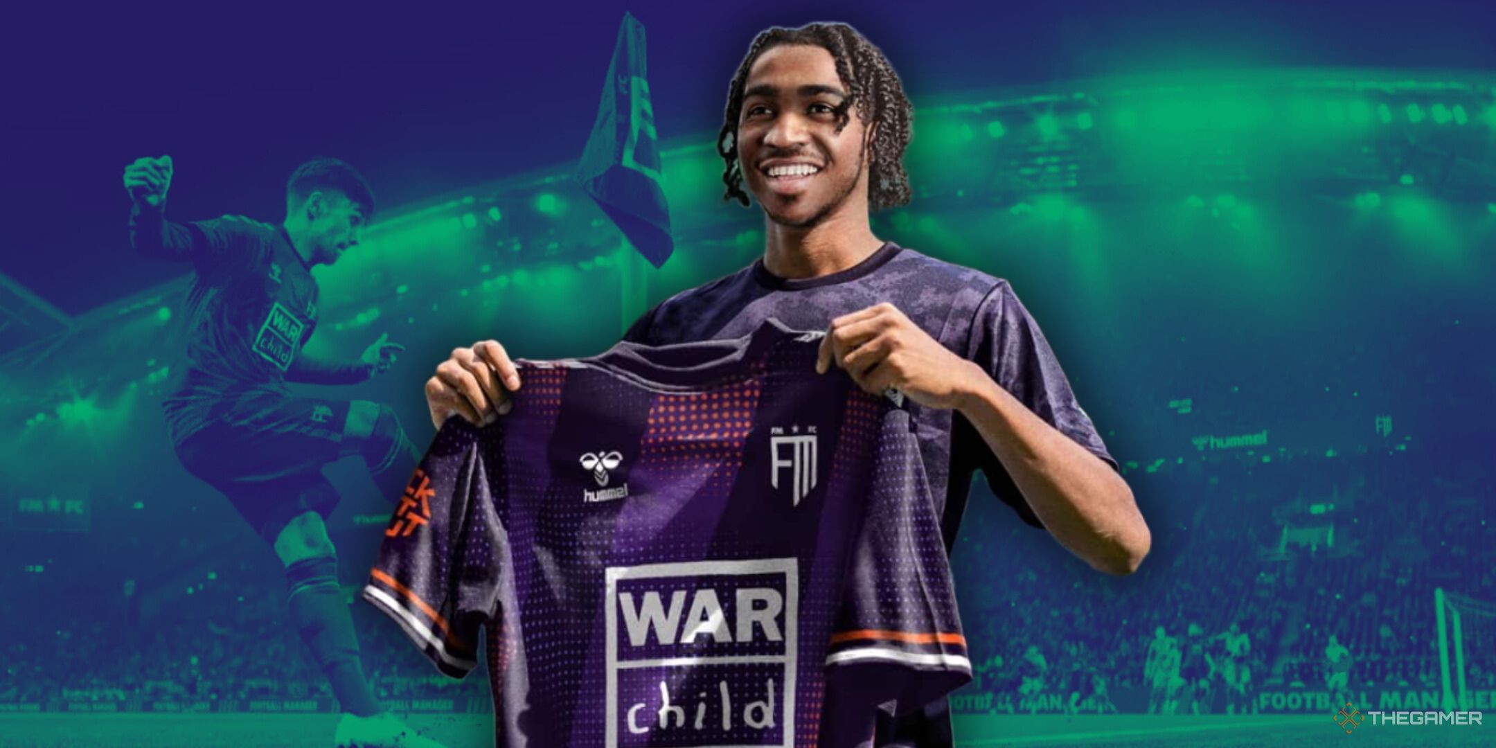 Football Manager 2024 Challenges Featured Image with green background and a player holding a shirt in the foreground