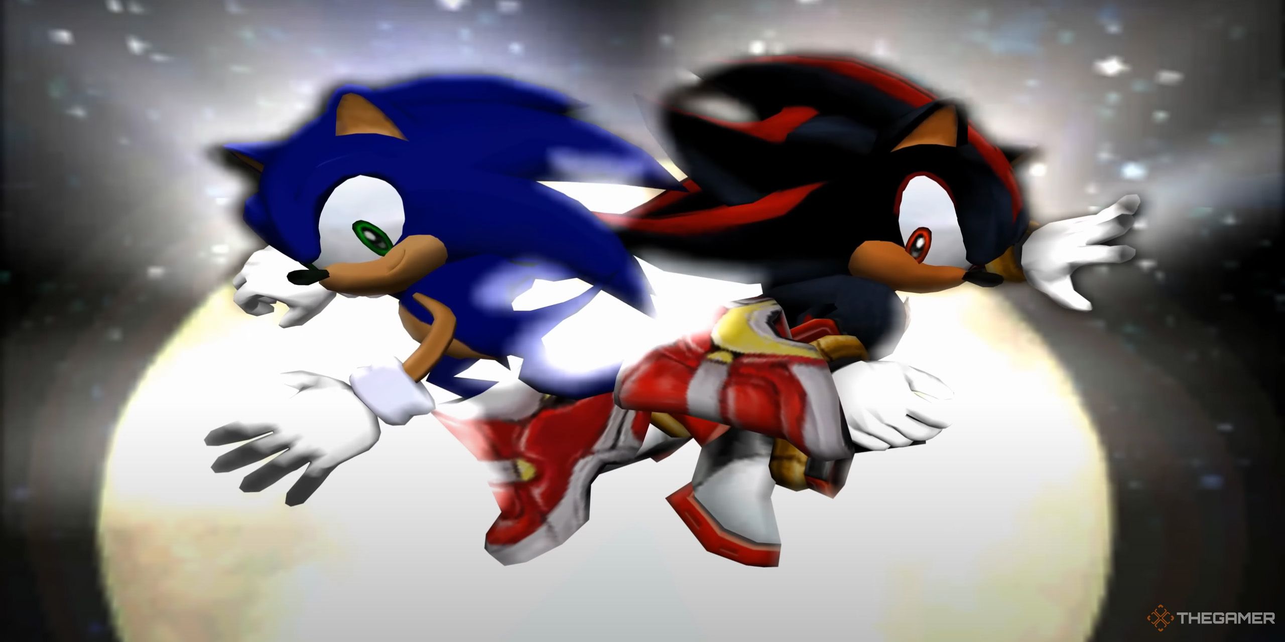 Sonic and Shadow leaping into the air in front of the moon from Sonic Adventure 2.