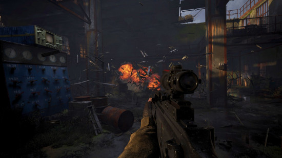 Stalker 2 mods: a first person view of a person holding a large gun, with a box exploding in the background.