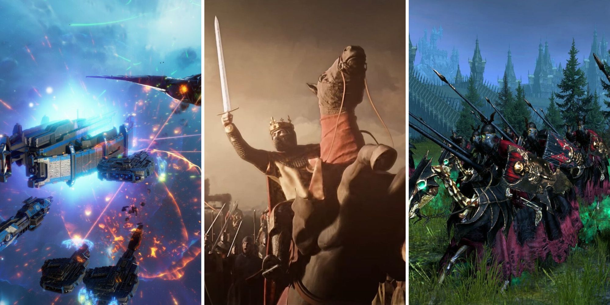 A grid showing the strategy games Sins of a Solar Empire 2, Crusader Kings 3, and Total War: Warhammer 3