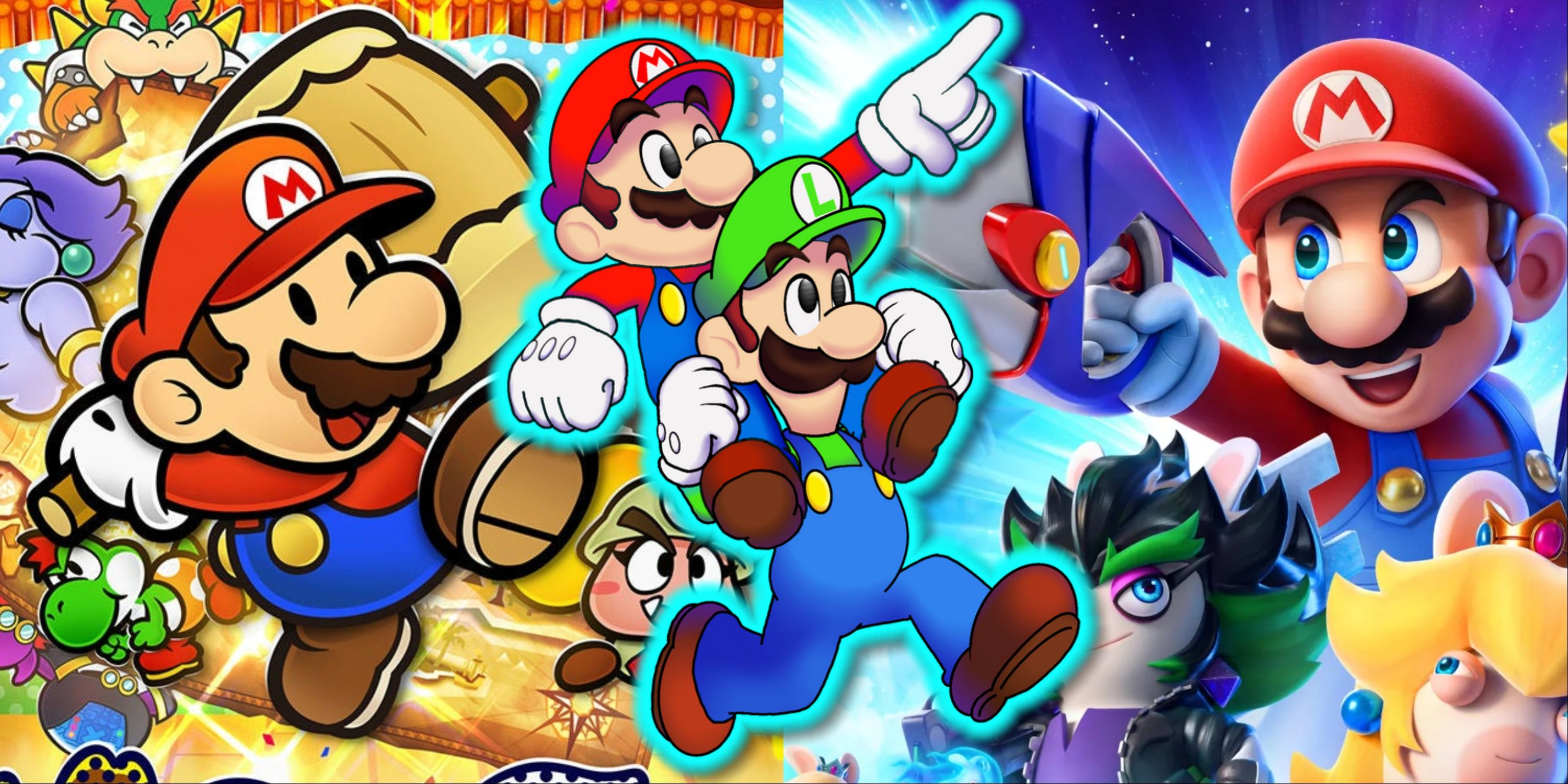 Split image of Paper Mario The Thousand-Year Door, Mario And Luigi Brothership, and Mario + Rabbids Sparks Of Hope