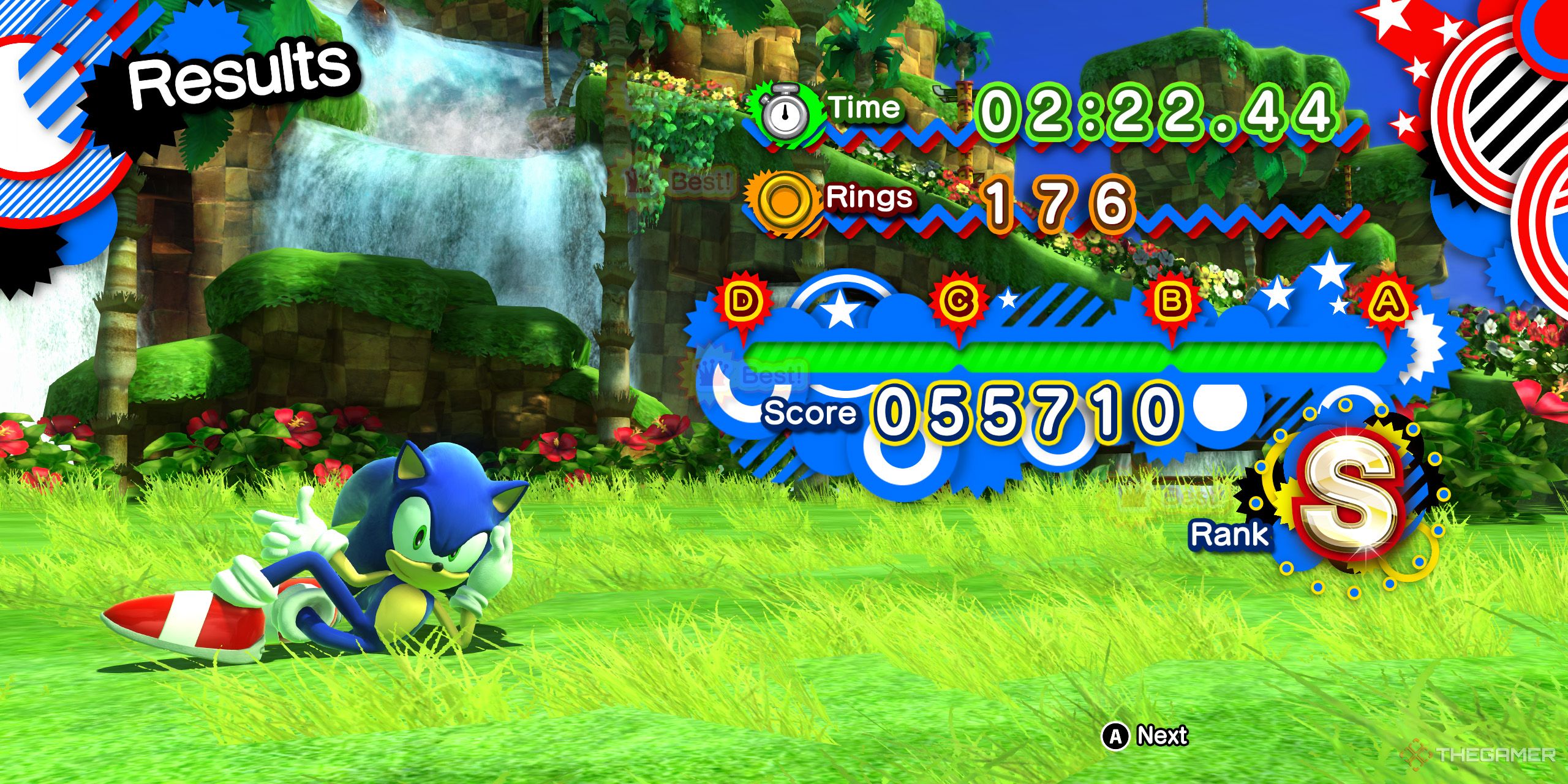 Sonic lying on the grass in Green Hill while he gets an S-rank in Sonic X Shadow Generations.