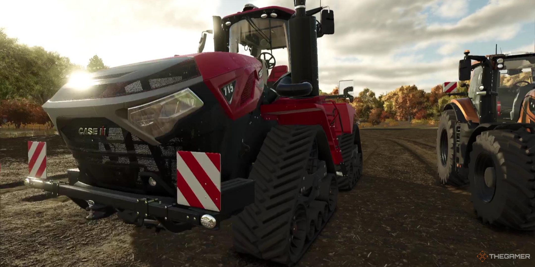 A large red tractor sits in a field with sunlight reflecting off the hood in Farming Simulator 25.