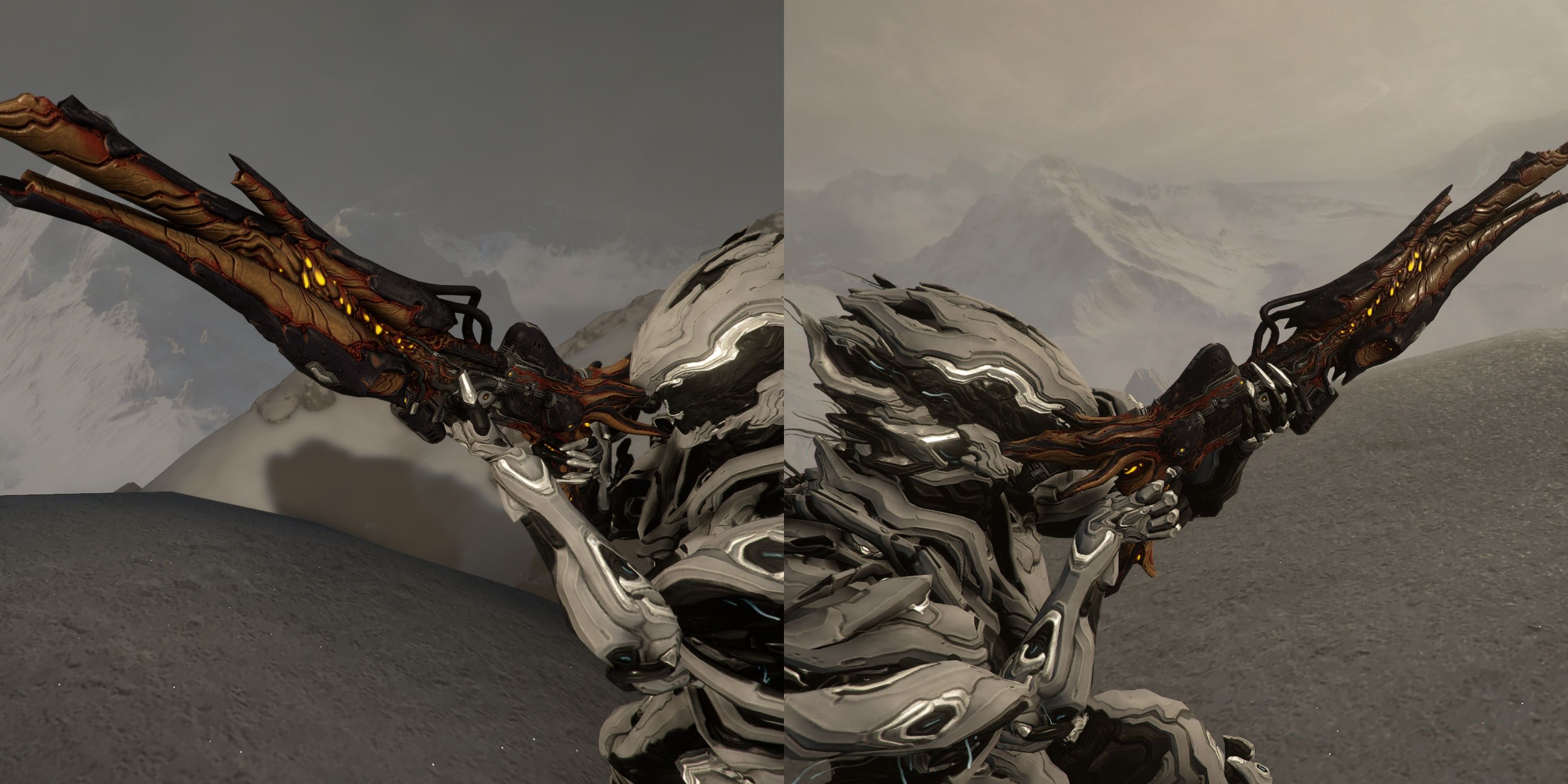 A collage of Nidus wielding a Torid in Warframe