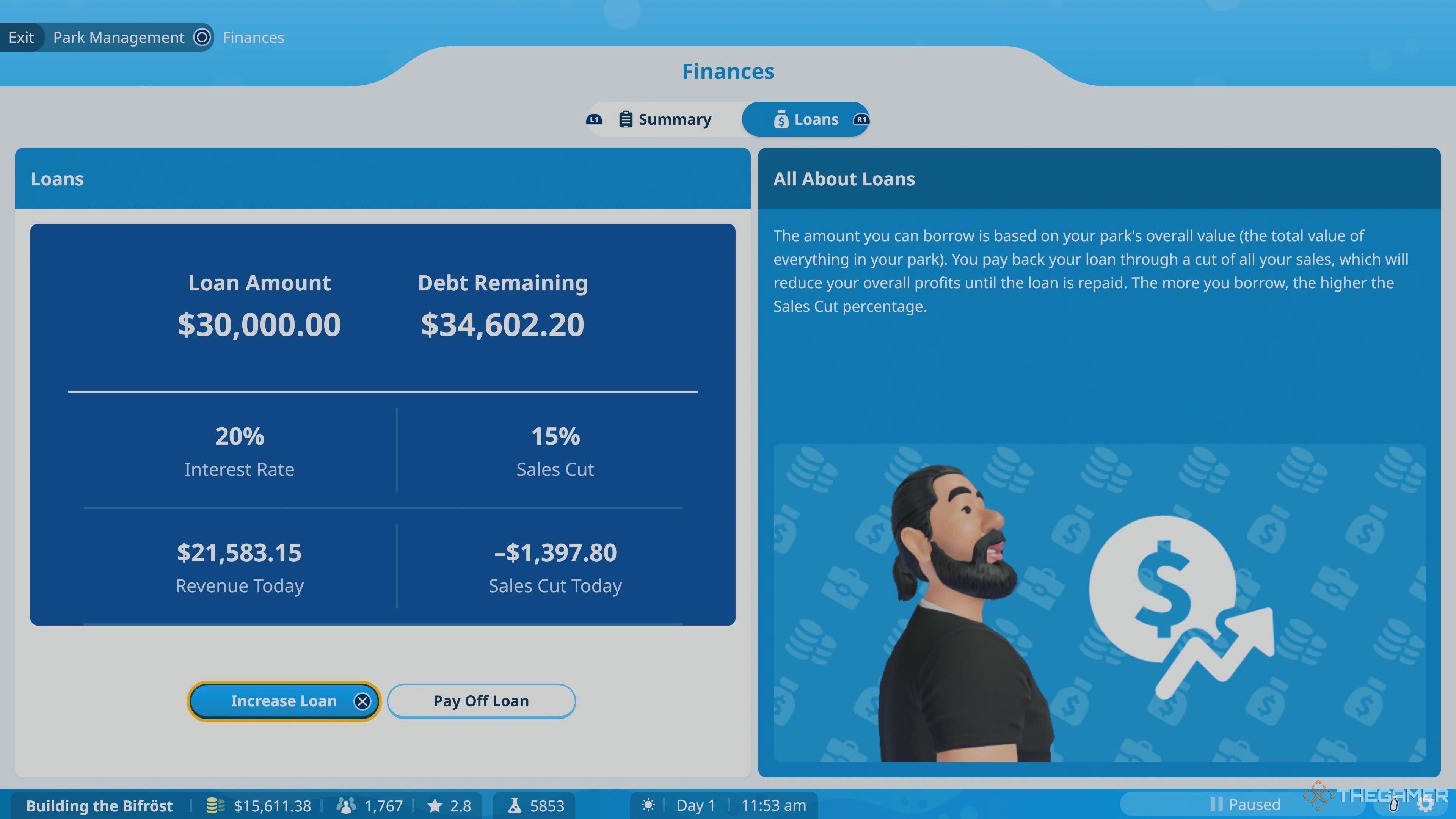 The loans screen, showing amount and interest, Planet Coaster 2