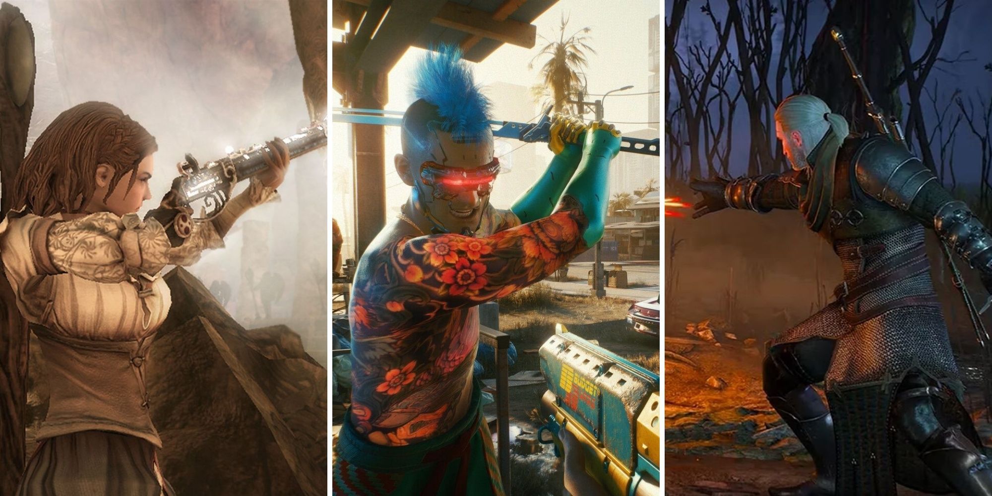 A grid showing the ARPGs Fable 3, Cyberpunk 2077, and The Witcher 3: Wild Hunt