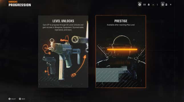 A screenshot shows the Progression page in the Barracks menu, with the Prestige option highlighted.