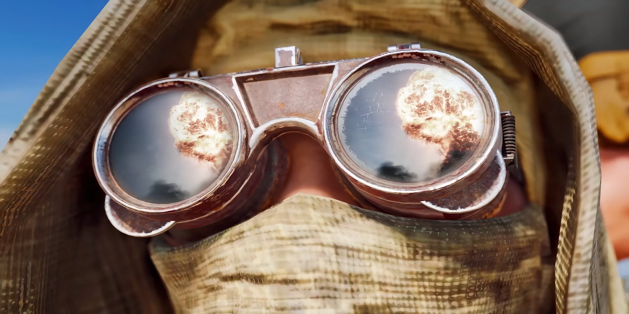 call of duty black ops 6 character wearing goggles with a nuclear explosion reflected in them