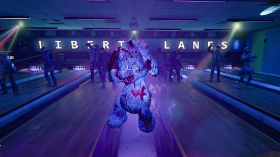 The Mr Peeks bunny floats in front of zombies dancing during the Black Ops 6 Liberty Falls bowling alley easter egg.