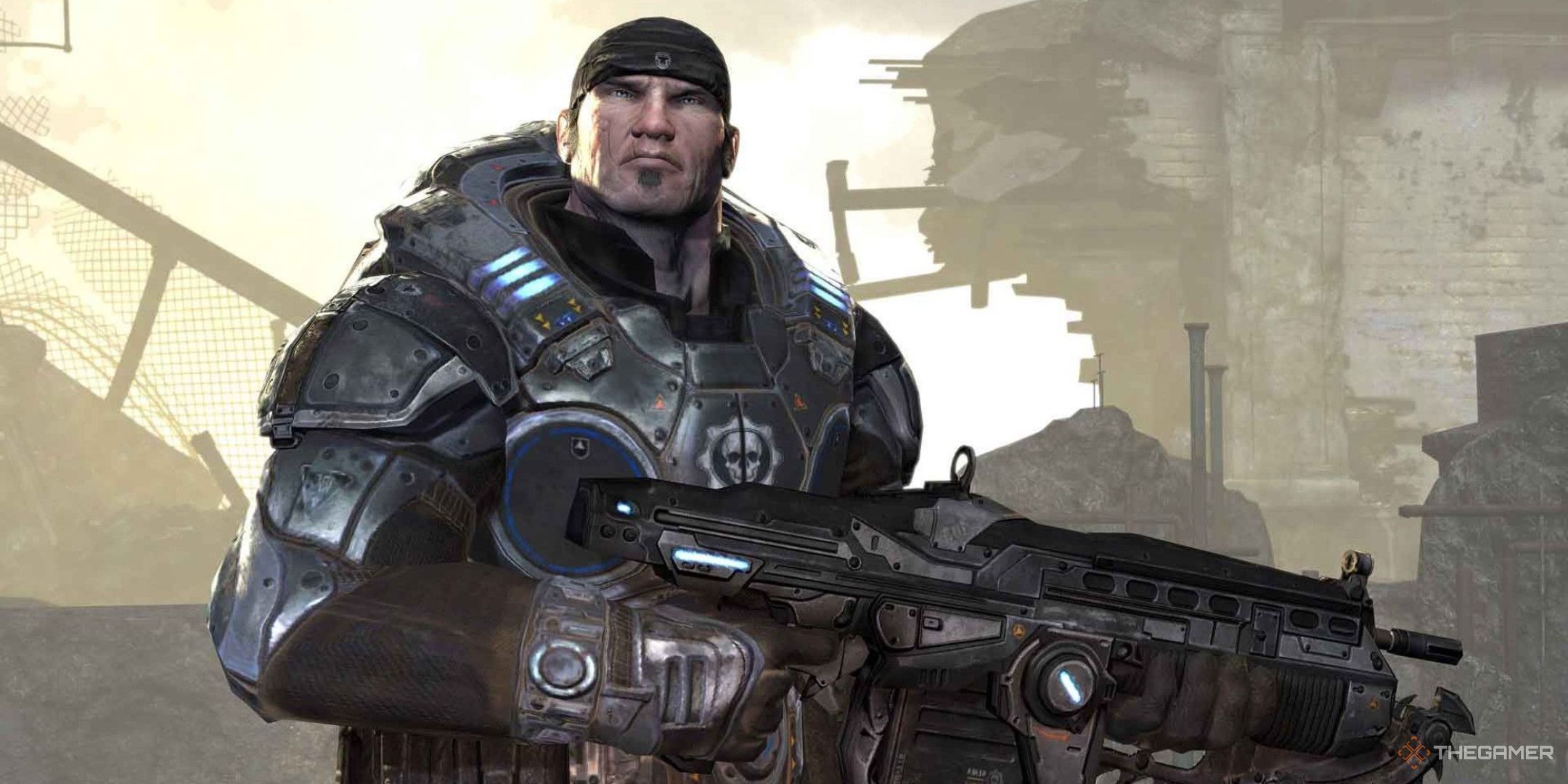 Marcus Fenix from Gears of War with a Lancer rifle