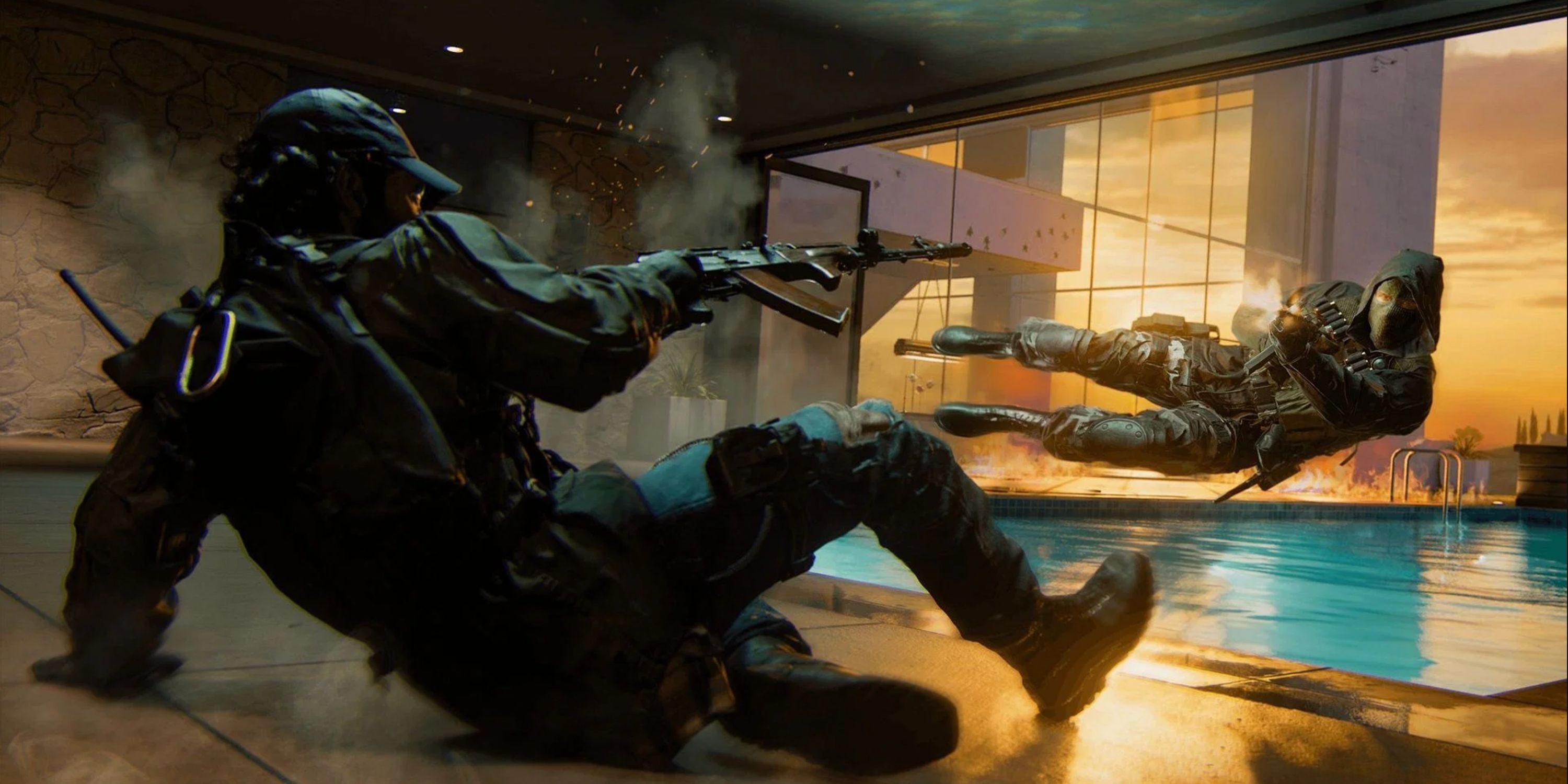 Call of Duty Black Ops 6 Action shot showing two players facing off near a pool