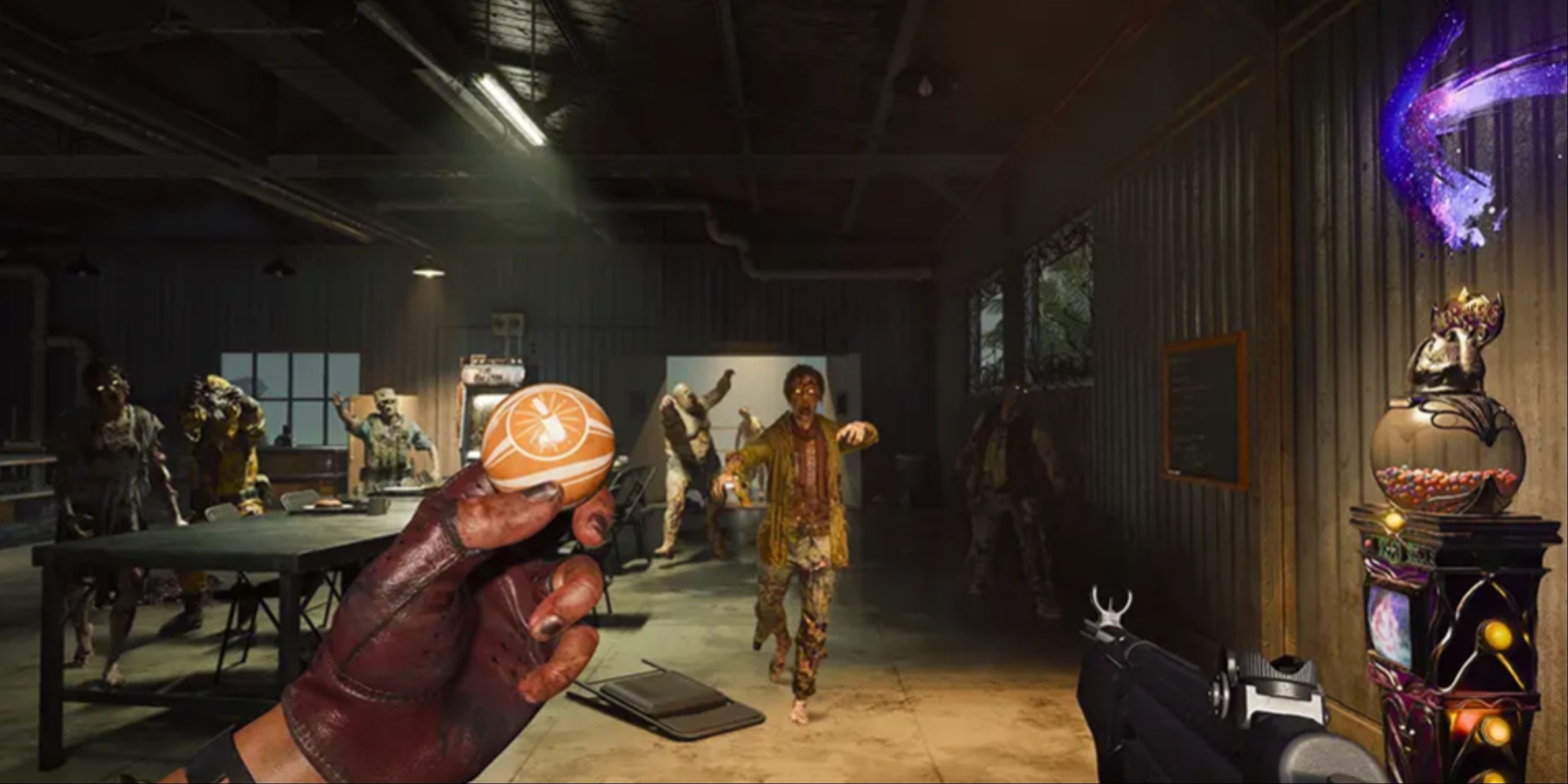 Call Of Duty Black Ops 6 - The player about to consume a Gobblegum near the machine, as zombies approach them.