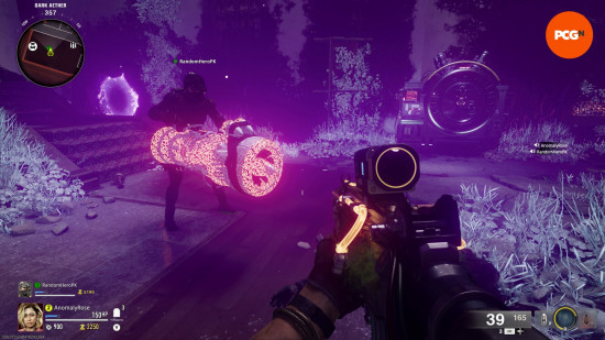 A player holds a Pack-A-Punched Thrustodyne Wonder Weapon in the Black Ops 6 Zombies Liberty Falls main quest.