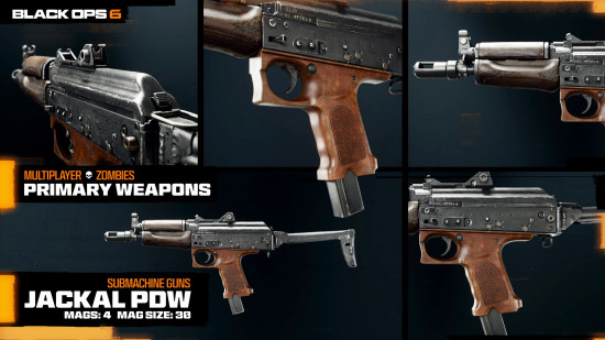 Shots of the Jackal PDW, one of the best Black Ops 6 weapons, from various angles.