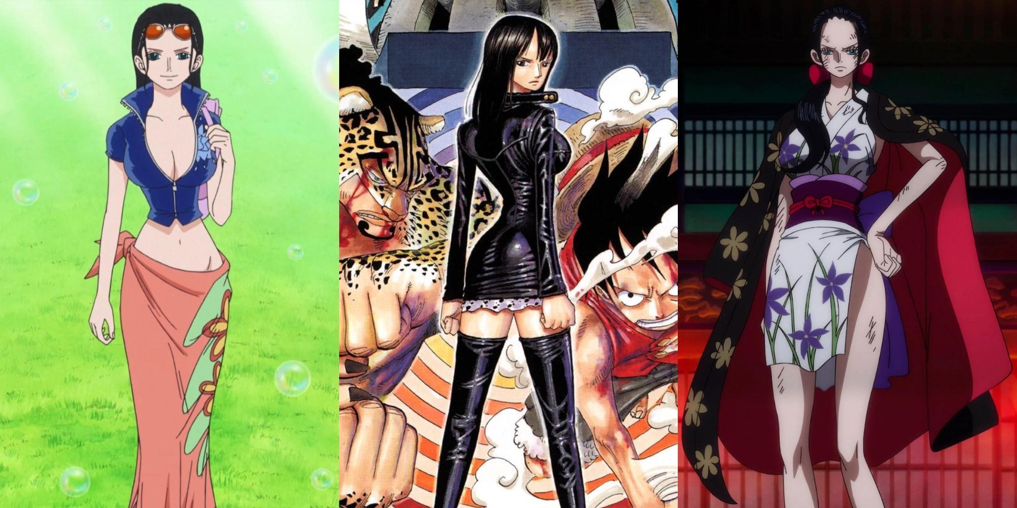 A collage of three iconic outfits of Nico Robin in One Piece: Her Fish-Man Island outfit, her Enies Lobby outfit and her Raid on Onigashima outfit.