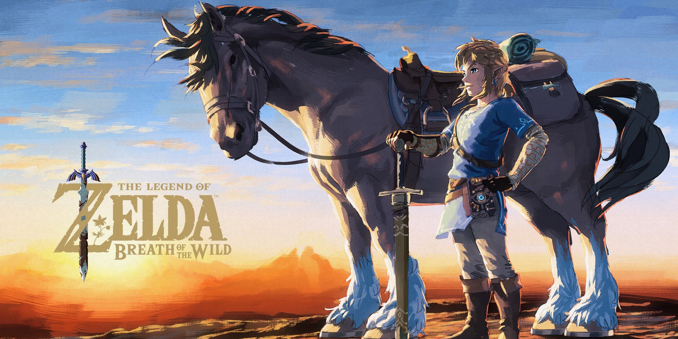 Link standing next to a horse in a Legend of Zelda: Breath of the Wild promotional image.