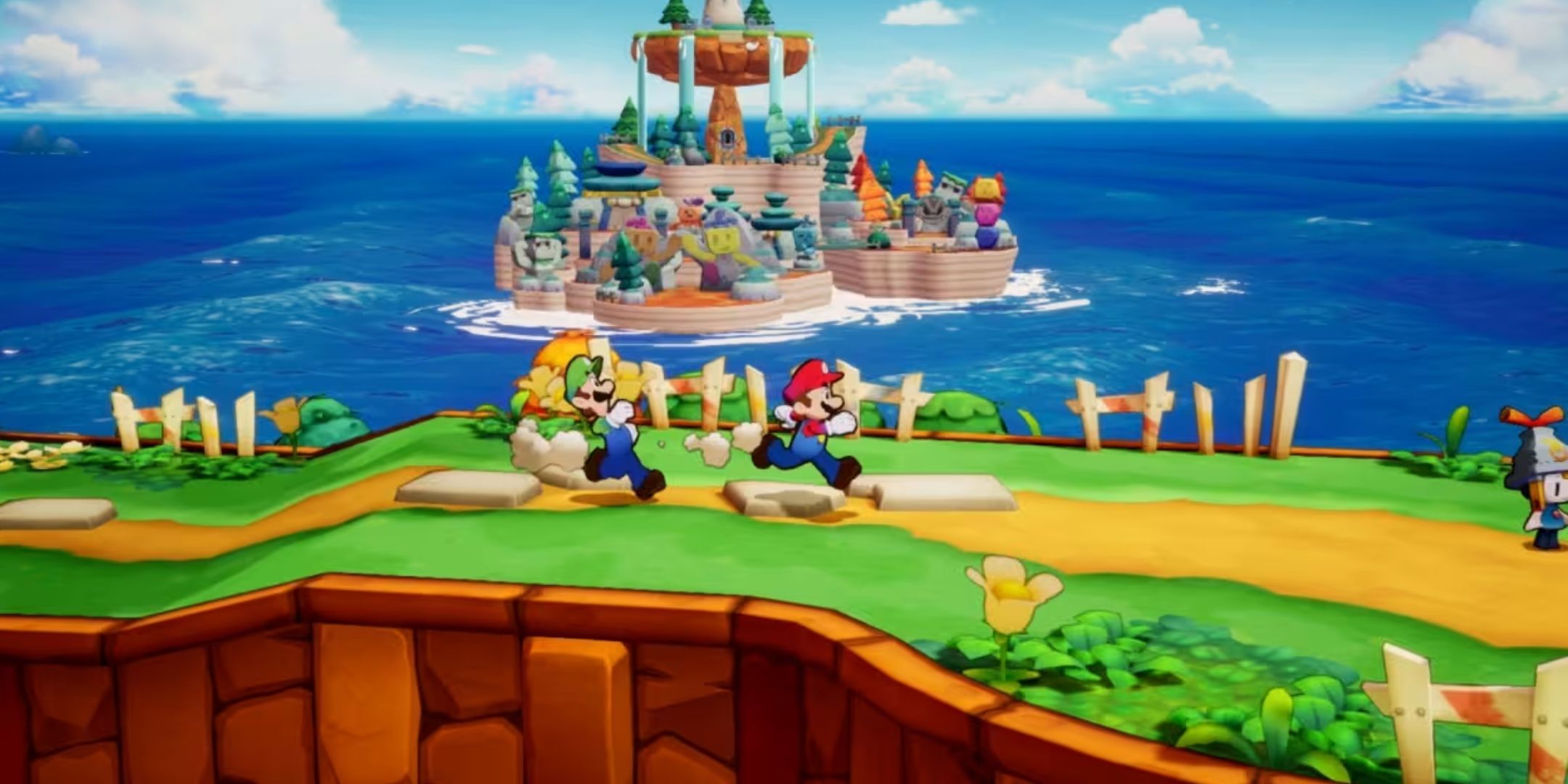 Mario and Luigi running through a field in Mario & Luigi: Brothership.