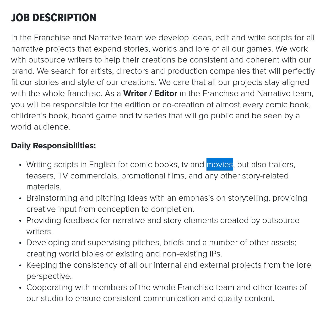 CDPR Witcher Writer Job Posting