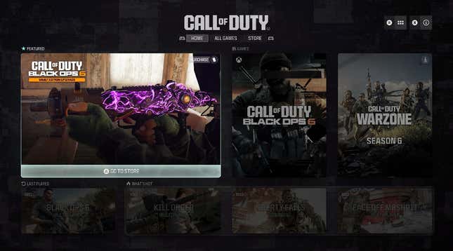 The utterly lifeless home screen of the Call of Duty launcher, which begins by blasting an ad in your face.