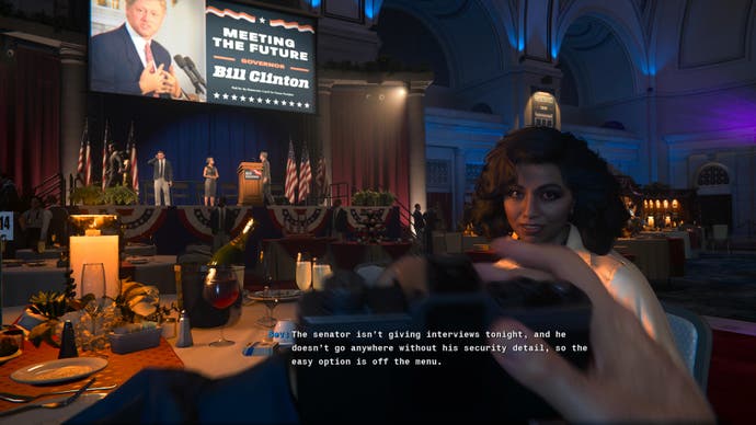 Call of Duty: Black Ops 2 screenshot showing you holding a camera and talking to Sev, your female colleague at a Senator's fundraiser