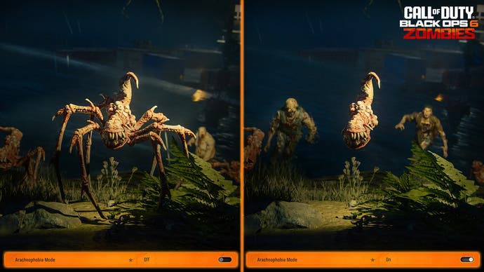 A side-by-side comparison showing Call of Duty: Black Ops 6's usual Zombies spiders and their floating, legless arachnophobia mode variant.