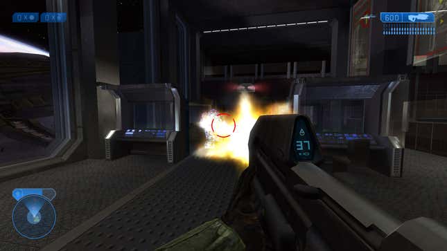 Master Chief fires an Assault Rifle during the opening of Halo 2.