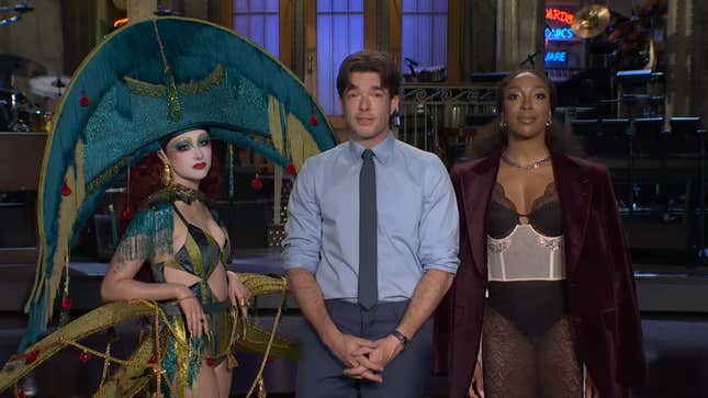 Chappell Roan, John Mulaney, and Ego Nwodim stand on the SNL stage.