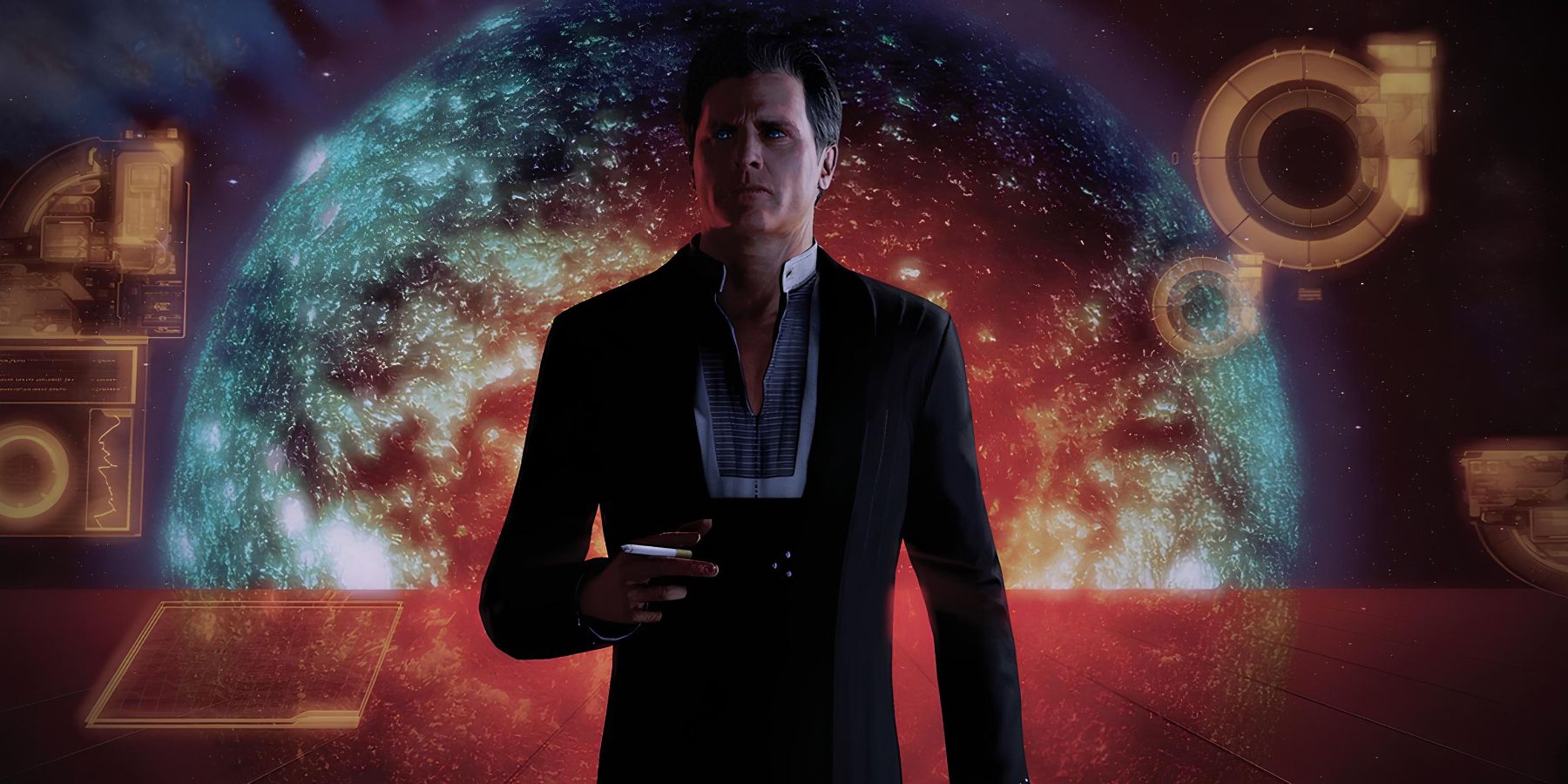 The Illusive Man, who must be in the Mass Effect TV series, standing in front of a cosmic background