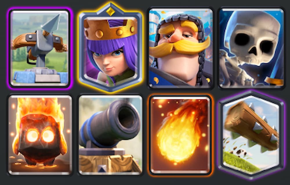 Cannon, Archer Queen, X-Bow, Fireball, The Log, Fire Spirit, Skeletons, Knight