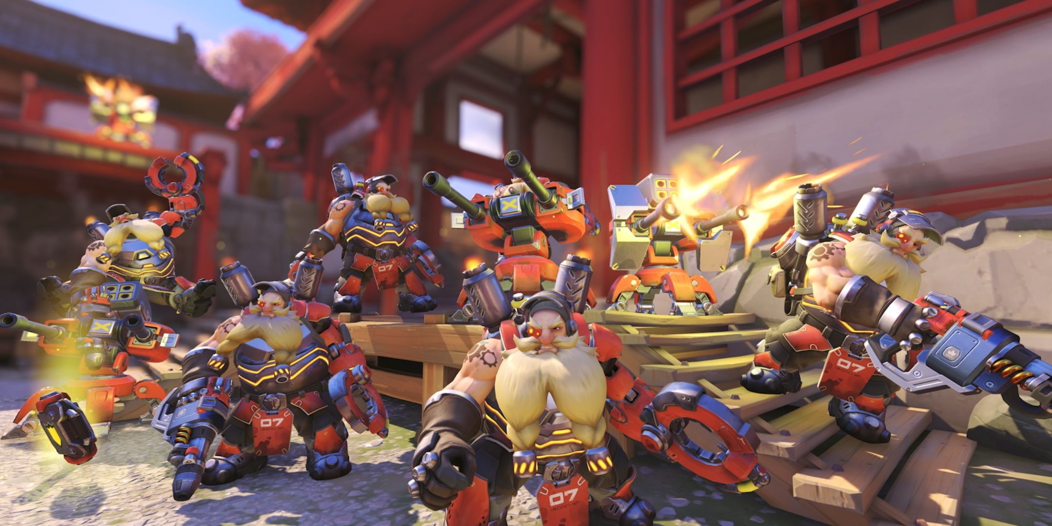 An army of torbjorns prepare to attack in overwatch 2 classic mode. 