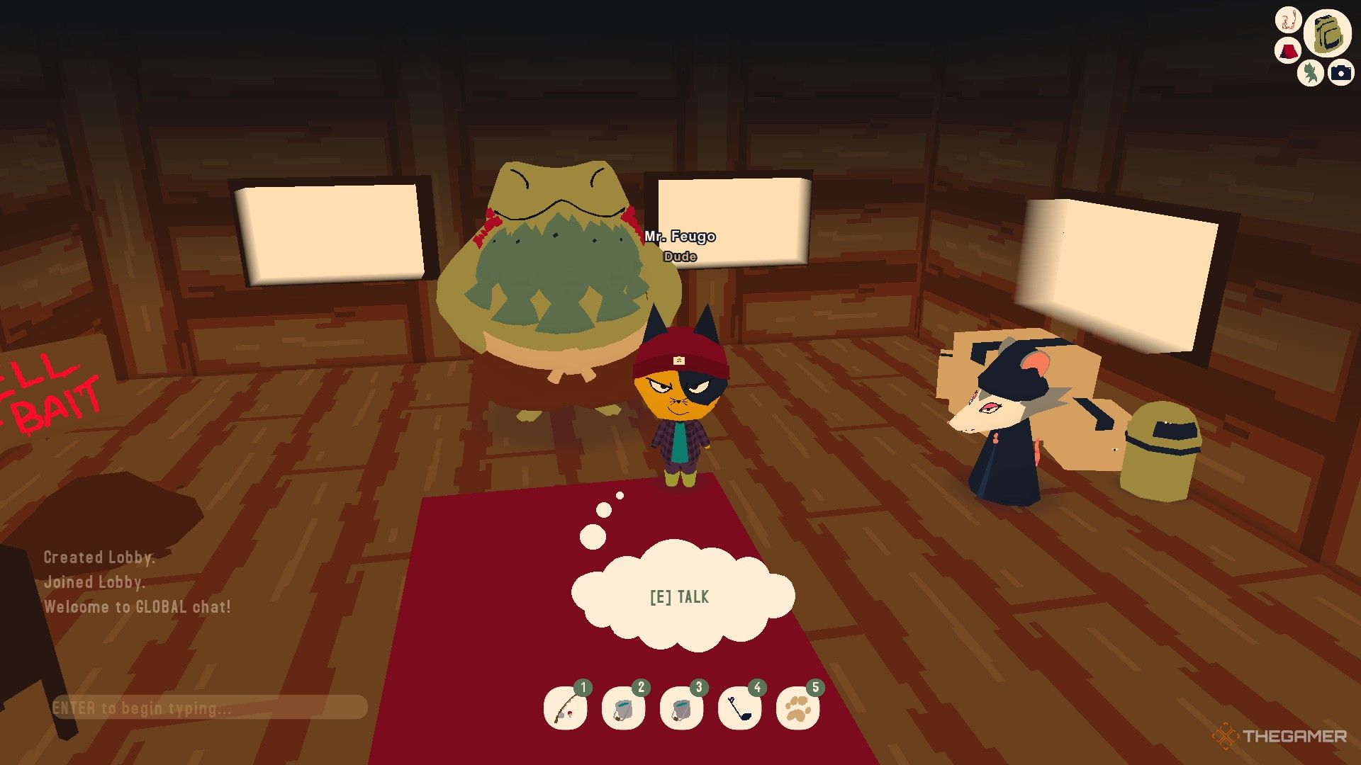 Character is standing inside the room with a frog NPC in Webfishing.