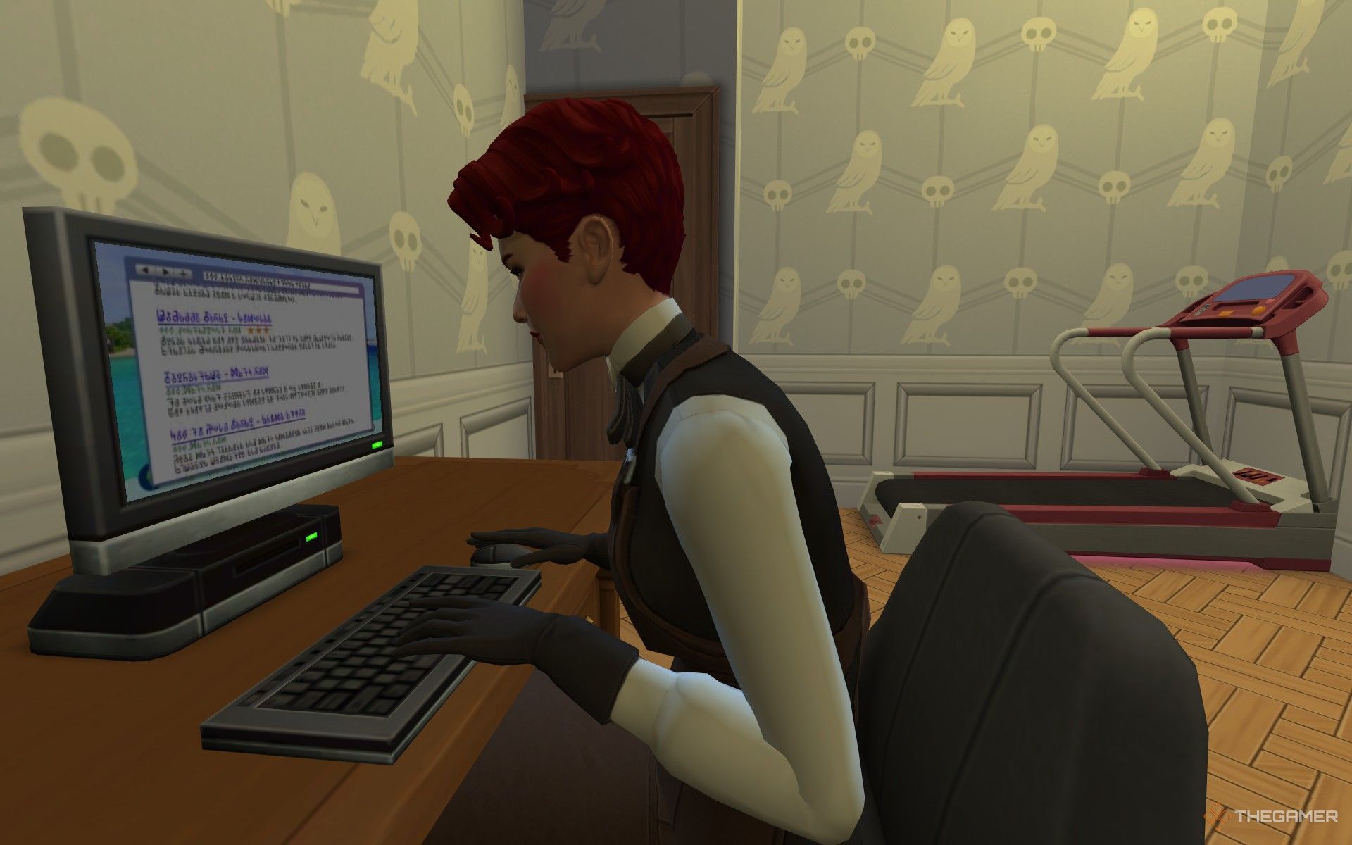 A sim writing at the computer with a treadmill in the background in her Undertaker career outfit in The Sims 4 Life and Death.