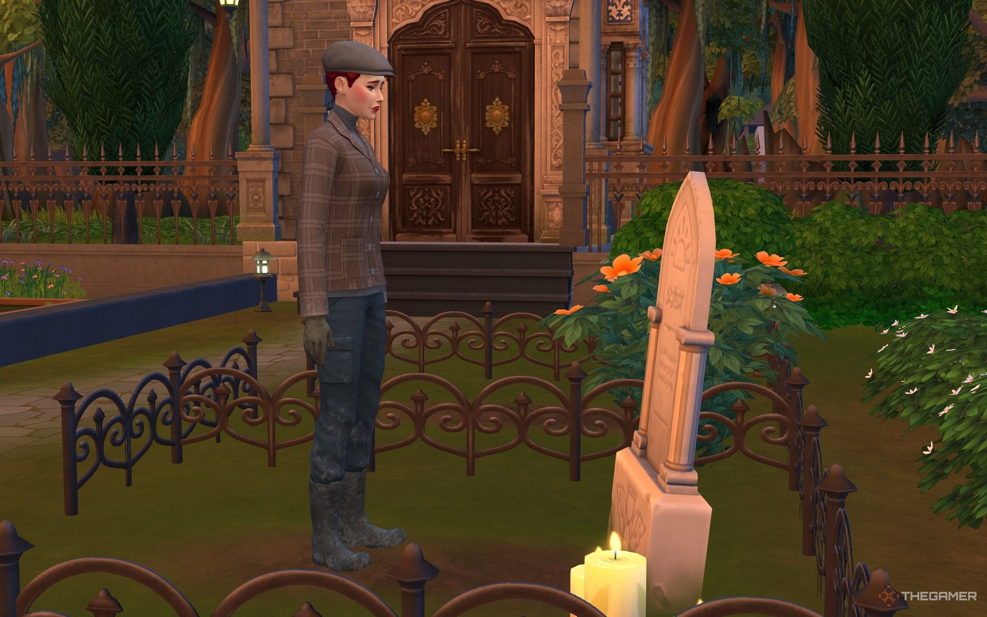 A gravedigger Sim at a grave in the cemetery in The Sims 4 Life and Death.