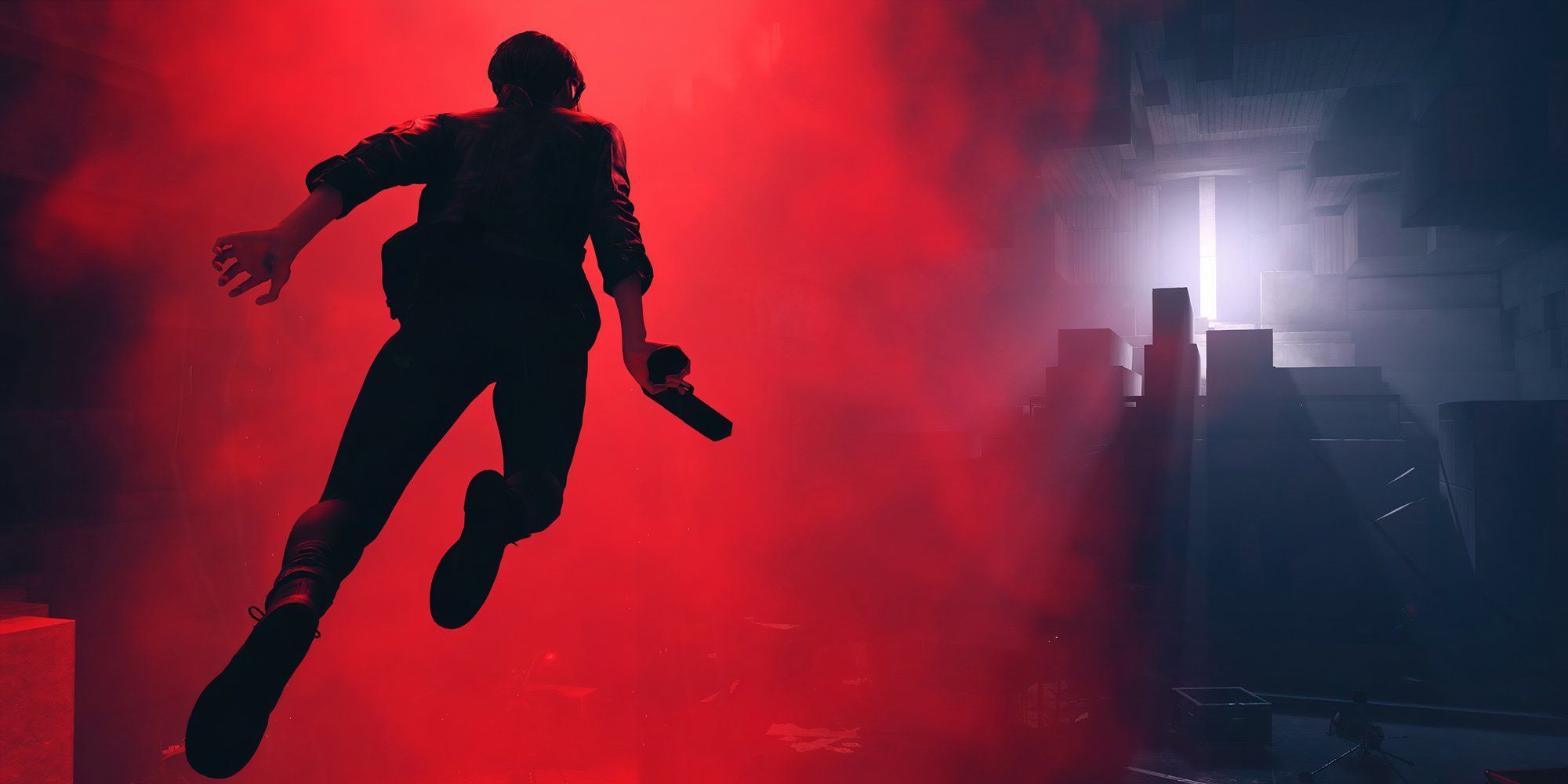 A screenshot from Control, with Jesse Faden enveloped in red smoke, moving towards a bright light.