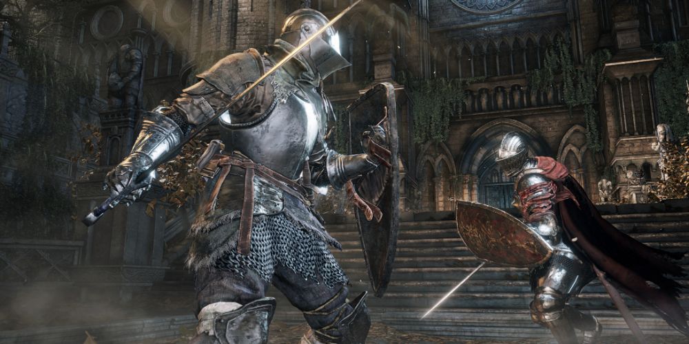 Sword fighting with a Lothric Knight in Dark Souls 3